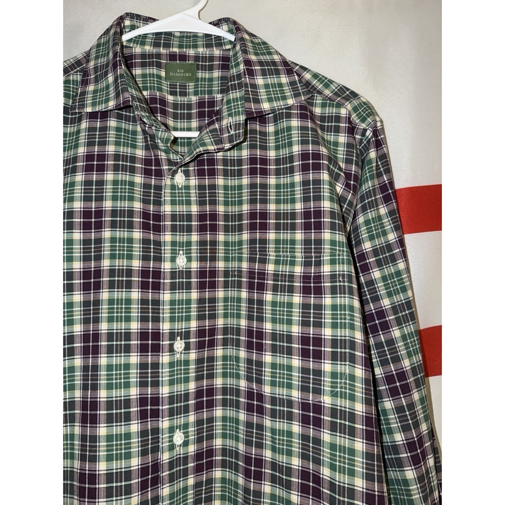 Sid Mashburn Button Up Shirt Mens Medium Green Purple Plaid Spread Collar Cotton